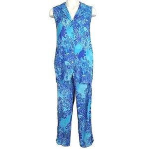 Donna Women's 2 Piece Aqua Blue Purple Floral Sleeveless Top Pants Small
